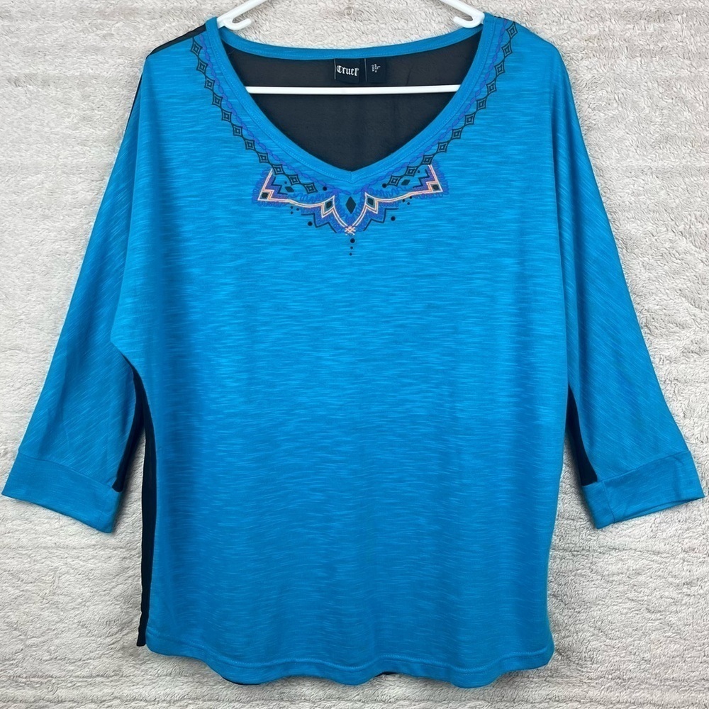 CRUEL Southwestern Top Large Sheer Back Aqua Blue 3/4 Sleeve Aztec Cowgirl
